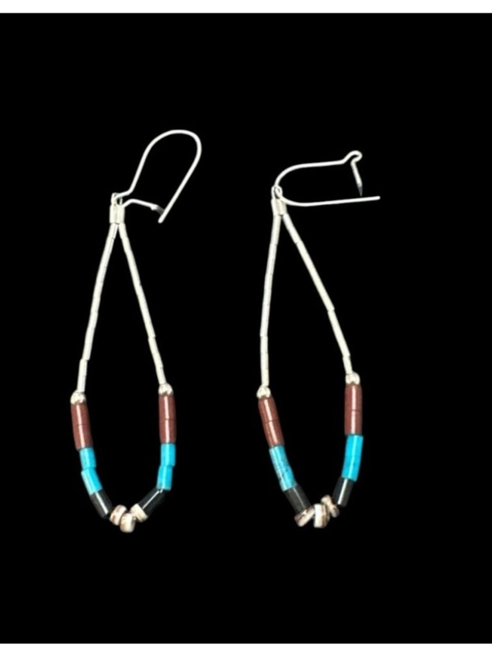 Vintage Sterling Silver Liquid Silver Hoop Earrings Multi Gemstone Beads 2.5”